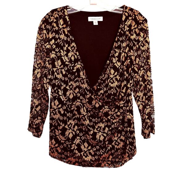 Coldwater Creek Wms Med Black Gold Floral Lace Mesh Overlay Surplice Top Formal - Picture 1 of 10